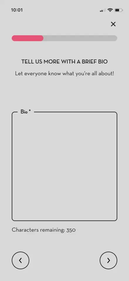 Artist biography input screen mockup