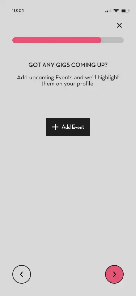 Artist events management screen mockup
