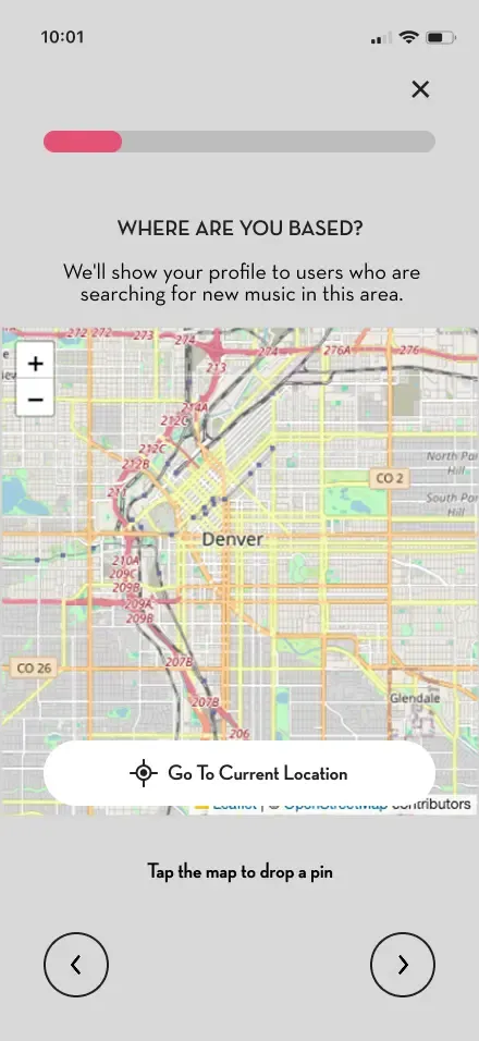 Artist location input screen mockup
