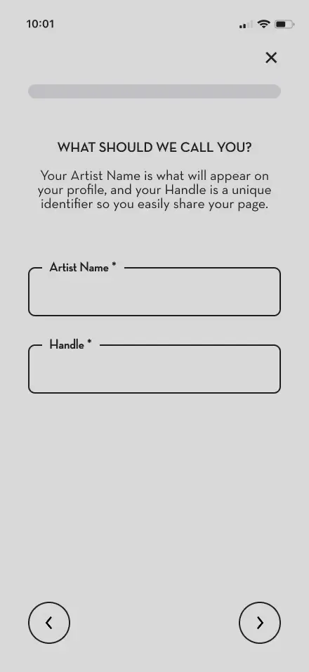 Artist name input screen mockup