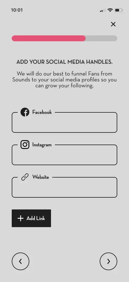 Artist social media links input screen mockup