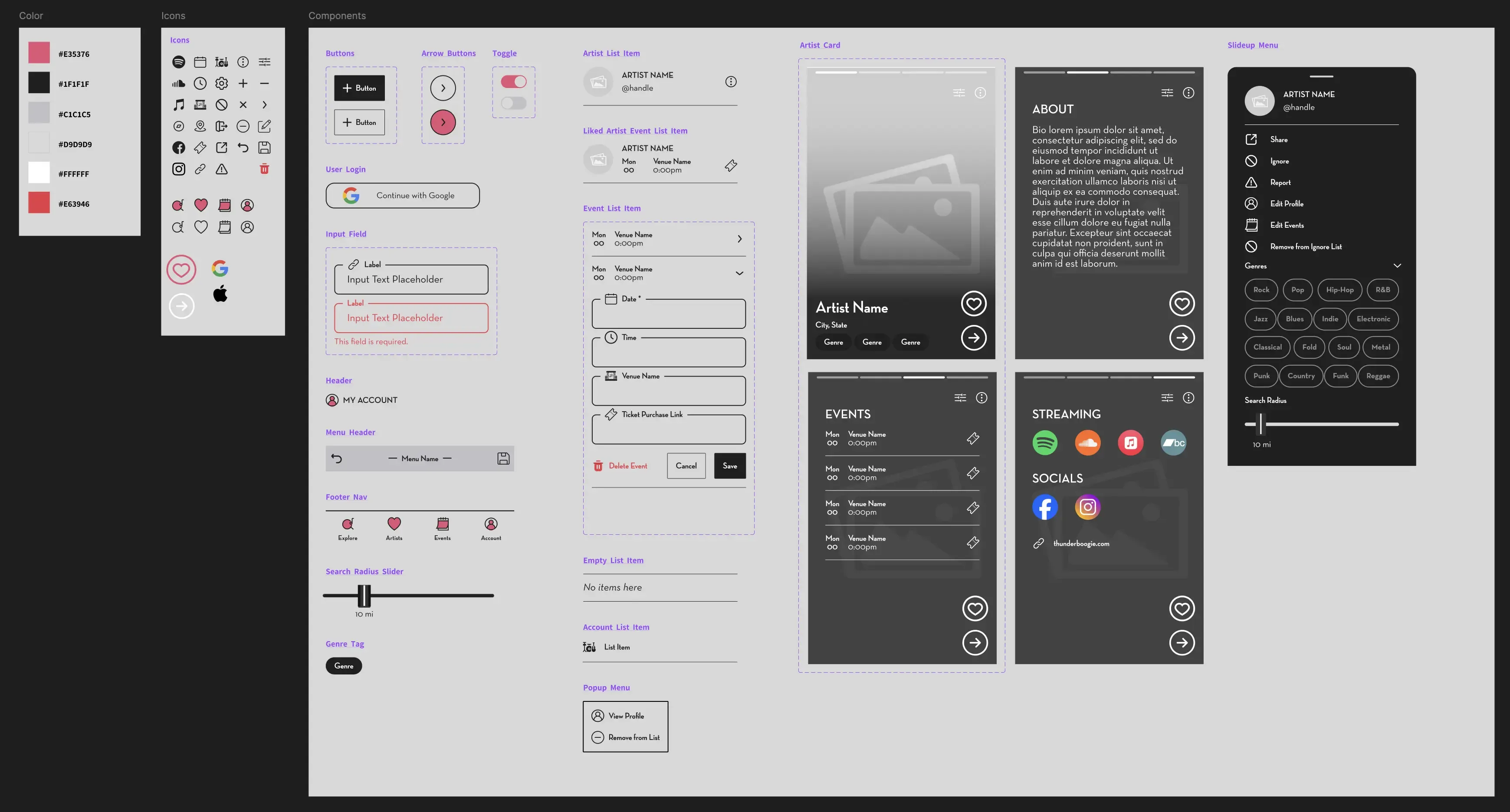Design system file showing colors, icons and components